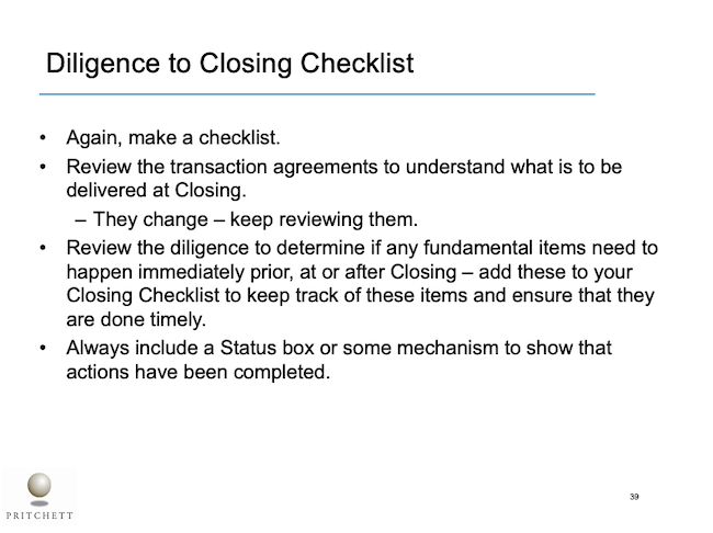 Diligence to Closing Checklist