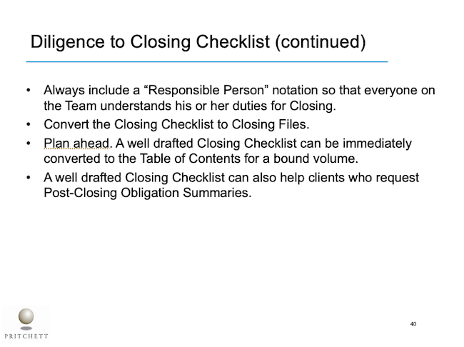 Diligence to Closing Checklist (continued)