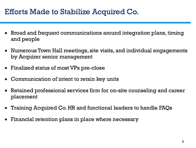 Efforts Made to Stabilize Acquired Co. 