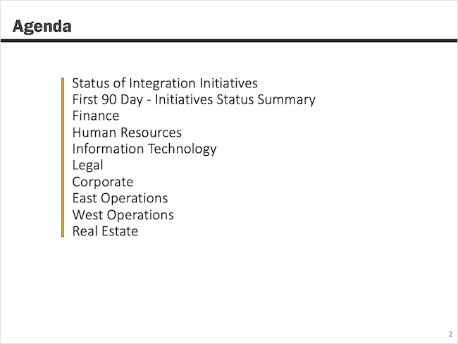 M&A Integration Status Report Agenda