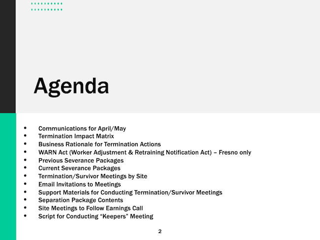 Post-Merger termination Agenda
