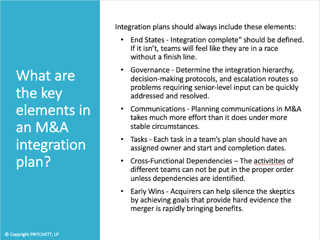 What are the key elements in an M&A integration plan