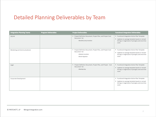 Detailed Planning Deliverables By Team