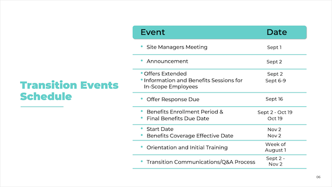 Transition Events Schedule