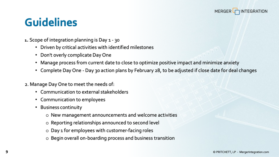 Post-Merger Integration Planning: Day 1 - Day 30 