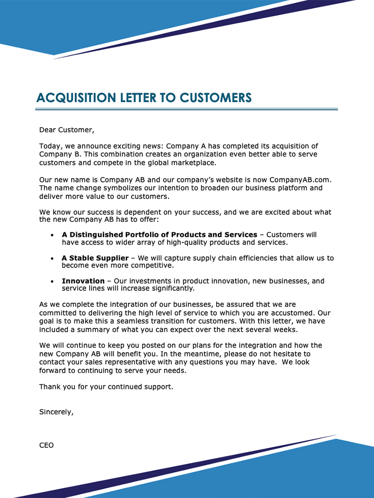 Acquisition Letter to Customers