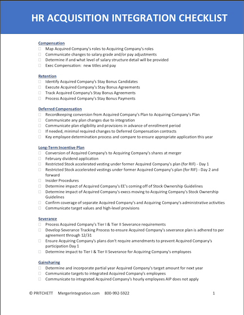 Acquisition Checklist for HR Acquisition Integration Human Resources