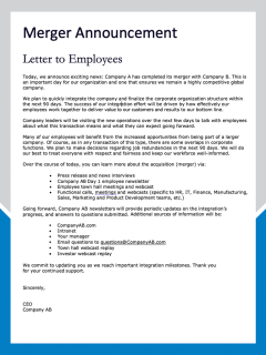 Letter to Employees - Merger or Acquisition Announcement