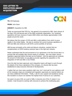 CEO Letter to Employees about Acquisition