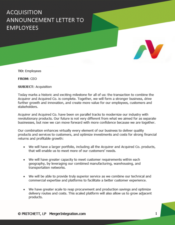 Acquisition Announcement Letter to Employees