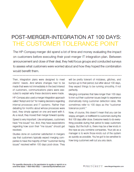 Post-Merger Integration at 100 Days: The Customer Tolerance Point