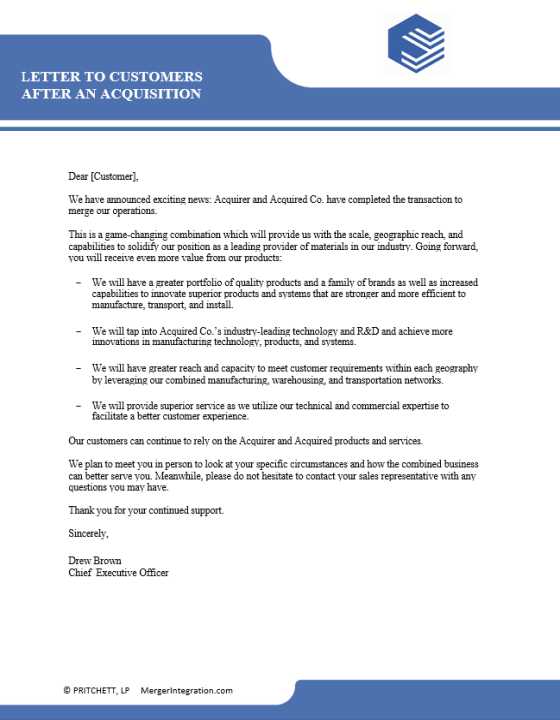 Letter to Customers After an Acquisition